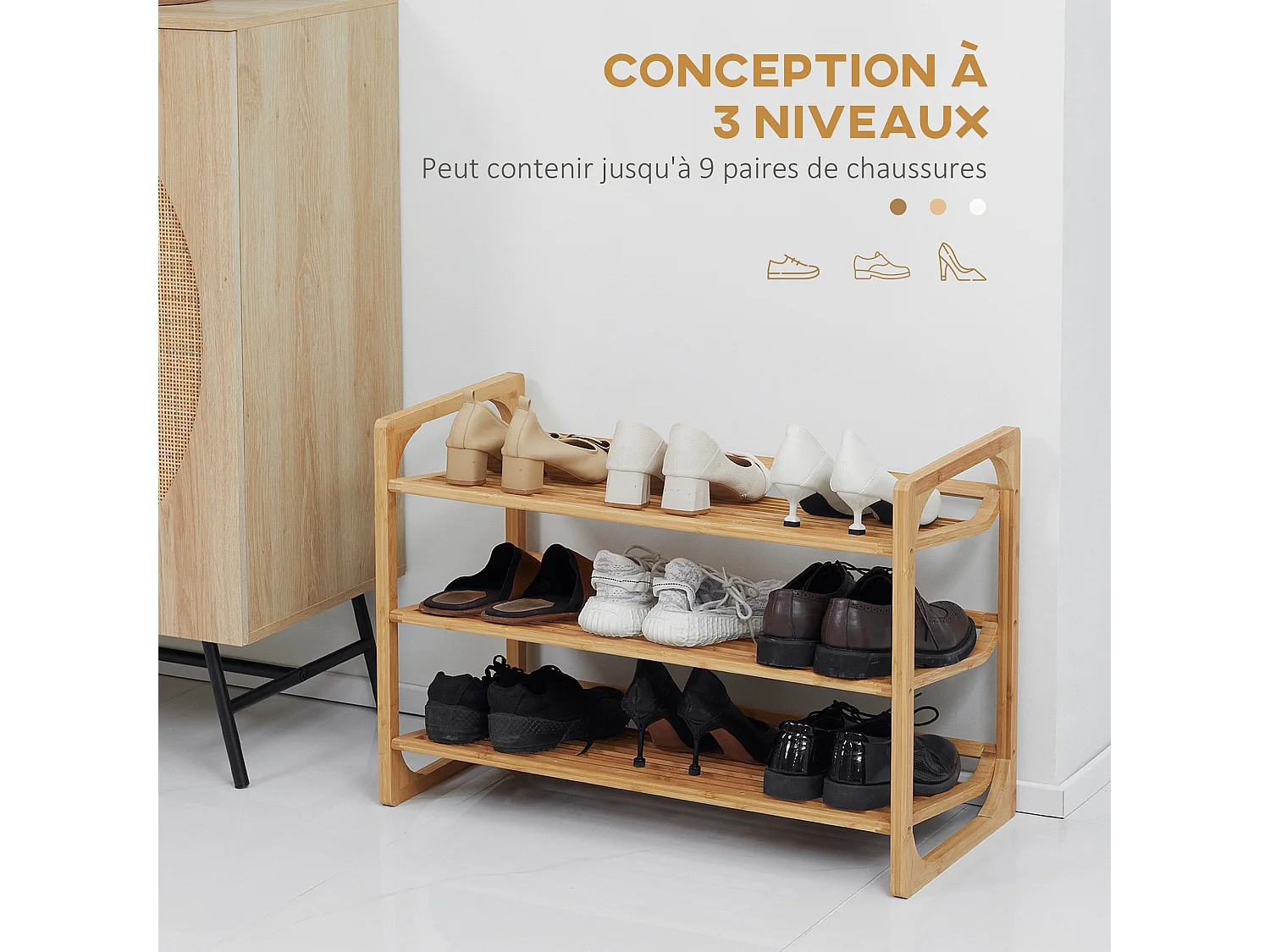 Étagère à chaussures bambou 3 étagères style naturel dim. 76L x 33l x 51H cm