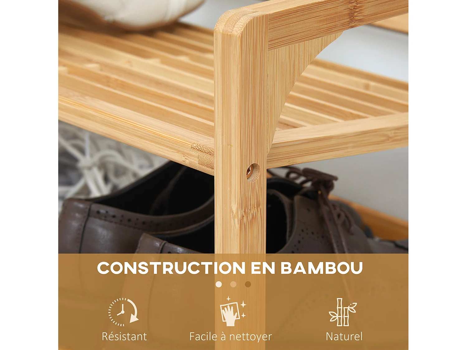 Étagère à chaussures bambou 3 étagères style naturel dim. 76L x 33l x 51H cm