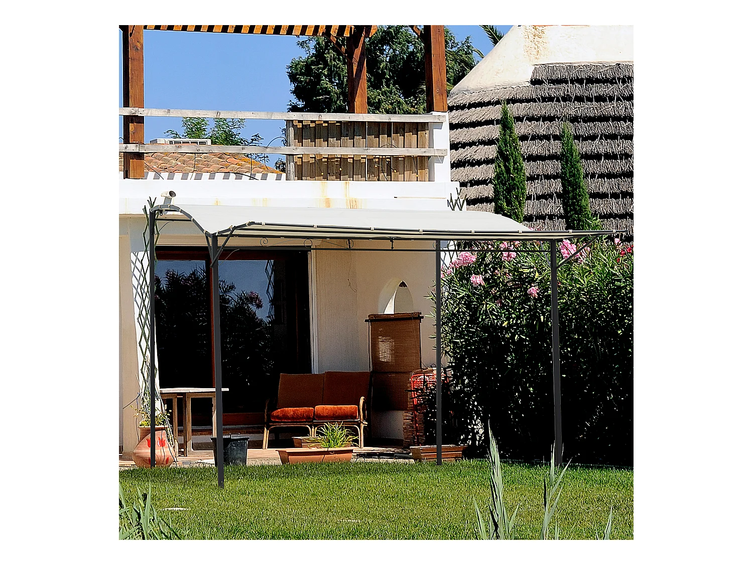 Pergola tonnelle de jardin avec auvent réglable métal époxy polyester haute densité crème