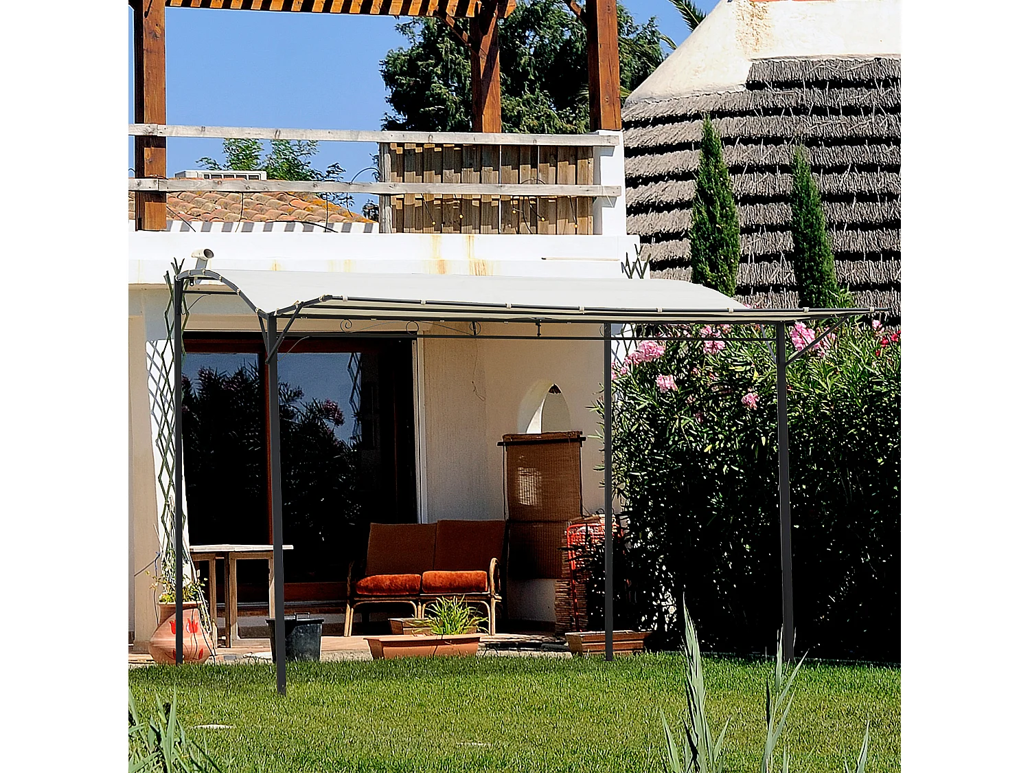 Pergola tonnelle de jardin avec auvent réglable métal époxy polyester haute densité crème