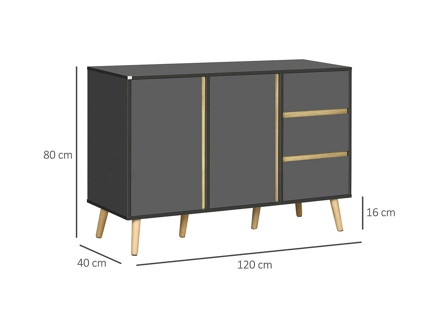 Buffet 2 portes 2 étagères 3 tiroirs design scandinave panneaux particules gris aspect bois clair