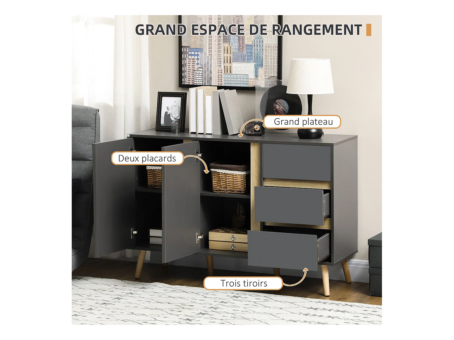 Buffet 2 portes 2 étagères 3 tiroirs design scandinave panneaux particules gris aspect bois clair