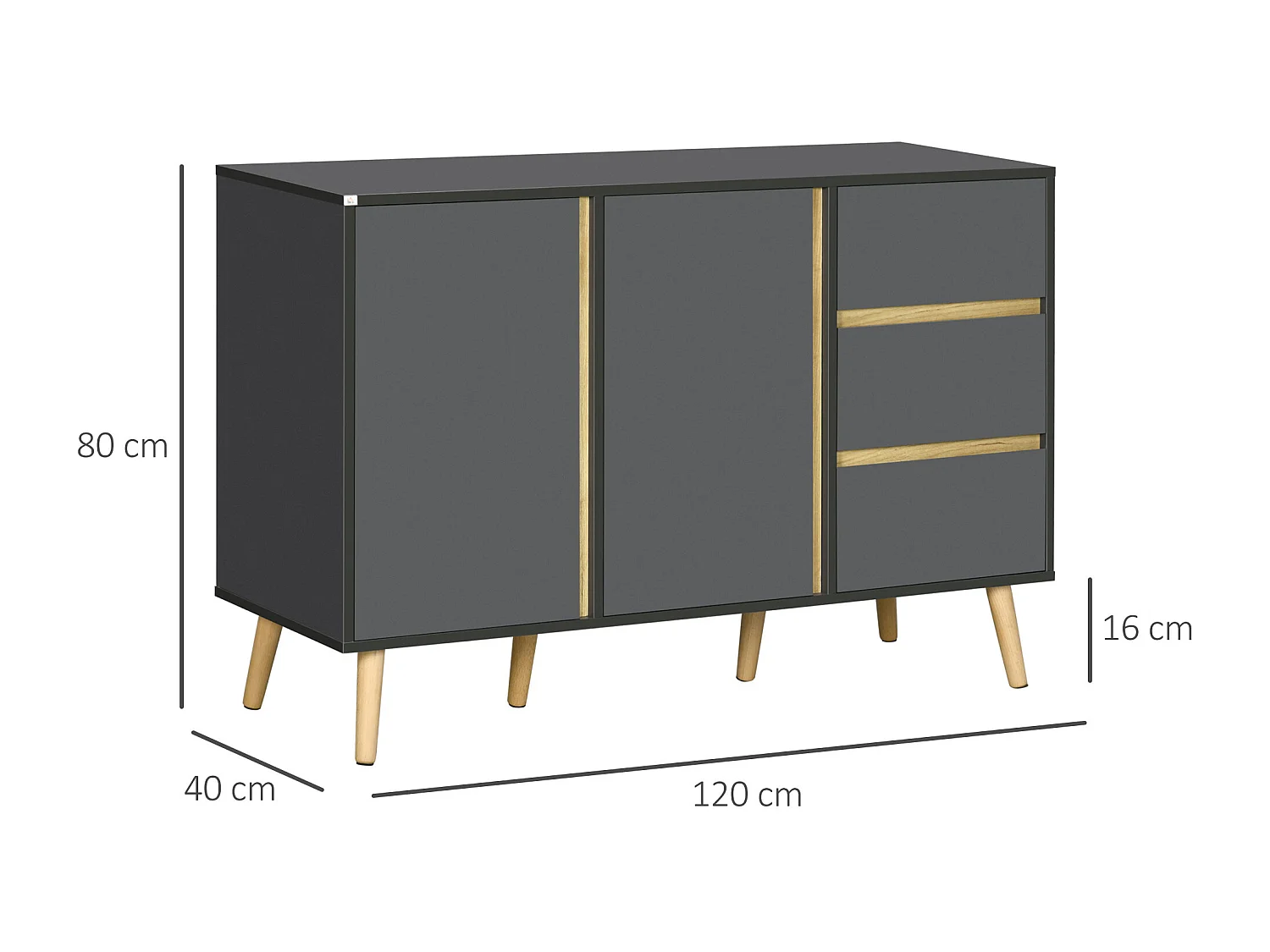 Buffet 2 portes 2 étagères 3 tiroirs design scandinave panneaux particules gris aspect bois clair