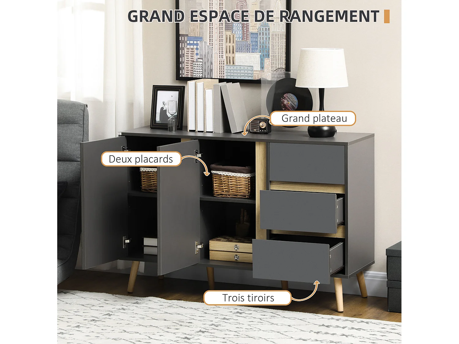 Buffet 2 portes 2 étagères 3 tiroirs design scandinave panneaux particules gris aspect bois clair