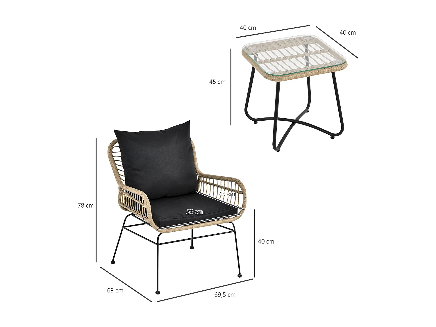 Outsunny Ensemble salon de jardin 3 pièces style exotique 2 fauteuils avec coussins + table basse résine tressée beige métal époxy noir