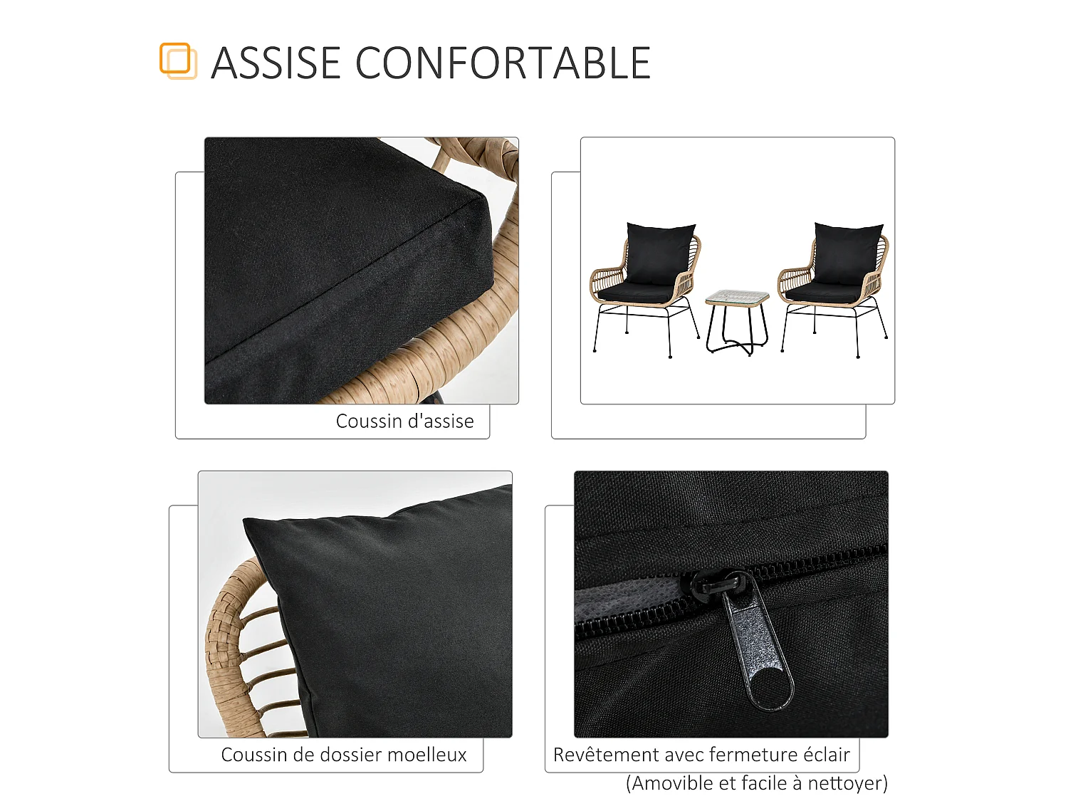 Outsunny Ensemble salon de jardin 3 pièces style exotique 2 fauteuils avec coussins + table basse résine tressée beige métal époxy noir