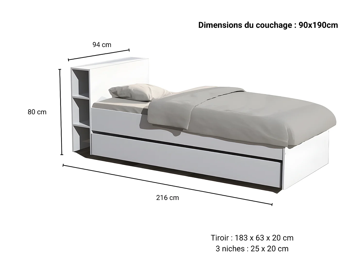 Lit RIGA 90x190 + tête de lit + 1 tiroir / Blanc