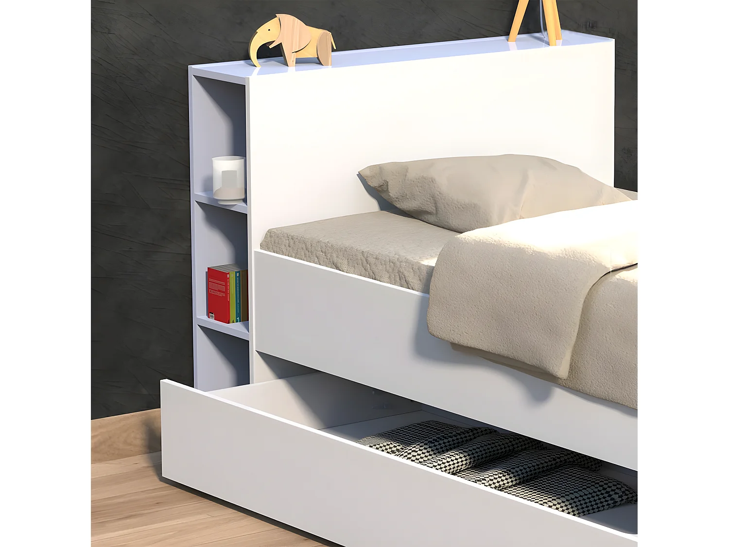 Lit RIGA 90x190 + tête de lit + 1 tiroir / Blanc