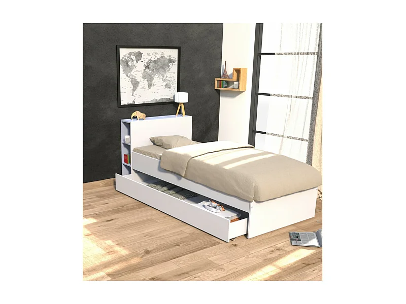 Lit RIGA 90x190 + tête de lit + 1 tiroir / Blanc