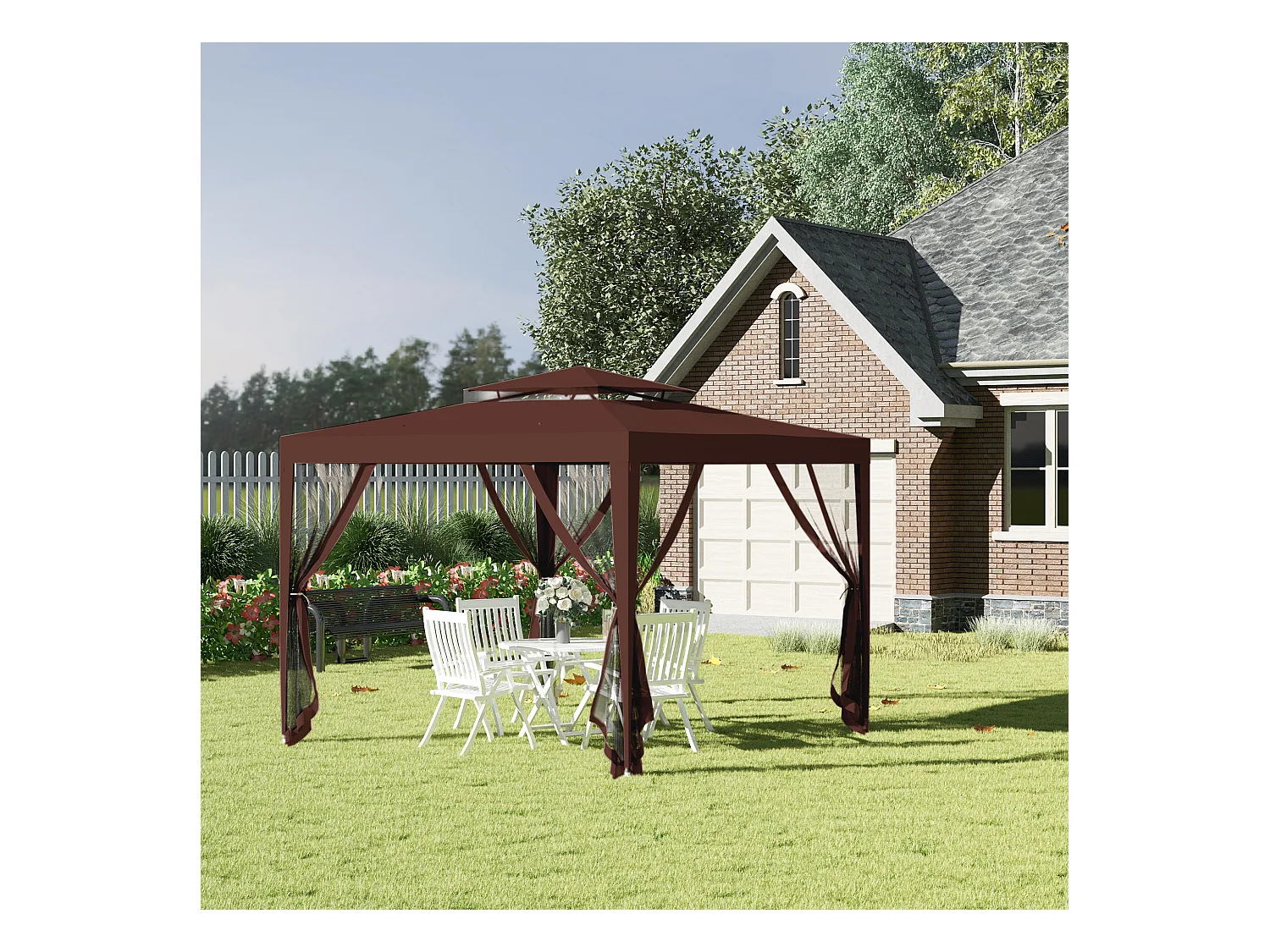 Tonnelle barnum de jardin 3L x 3l m avec 4 moustiquaires amovibles - double toit - métal polyester marron