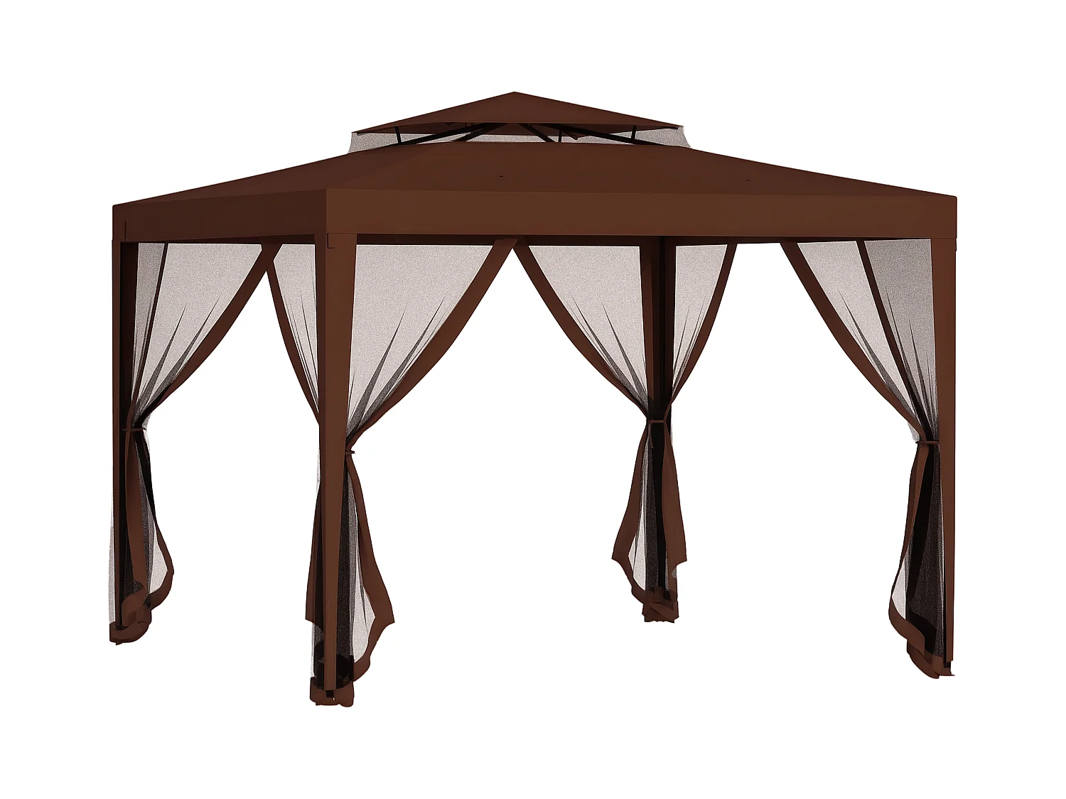 Tonnelle barnum de jardin 3L x 3l m avec 4 moustiquaires amovibles - double toit - métal polyester marron