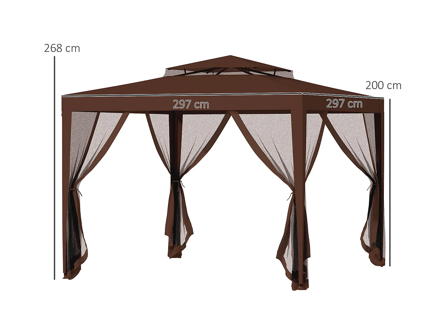 Tonnelle barnum de jardin 3L x 3l m avec 4 moustiquaires amovibles - double toit - métal polyester marron