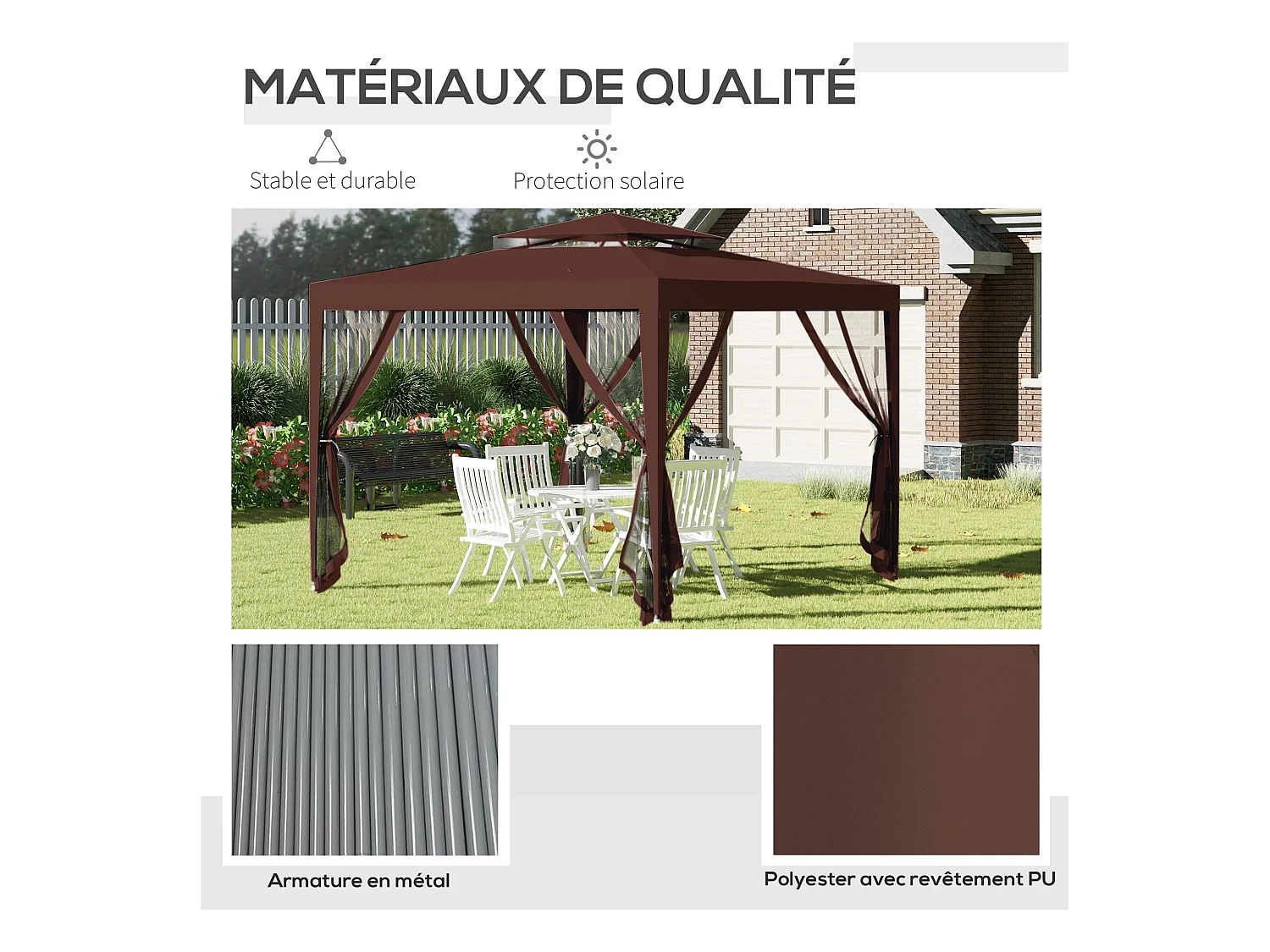 Tonnelle barnum de jardin 3L x 3l m avec 4 moustiquaires amovibles - double toit - métal polyester marron