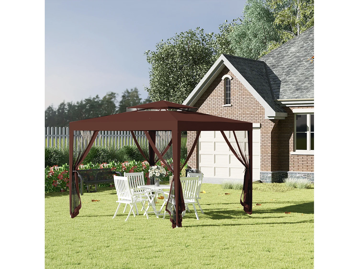 Tonnelle barnum de jardin 3L x 3l m avec 4 moustiquaires amovibles - double toit - métal polyester marron