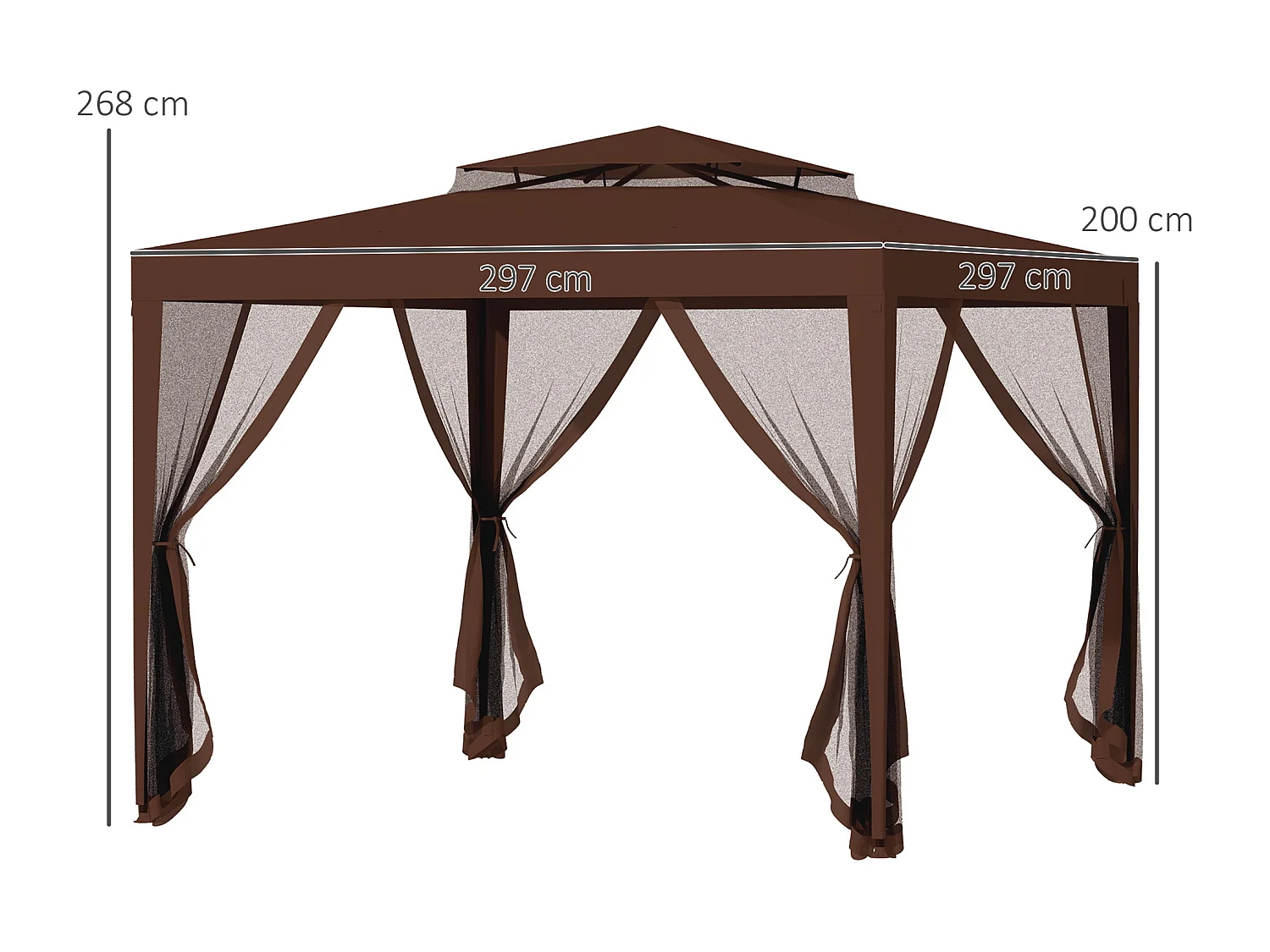 Tonnelle barnum de jardin 3L x 3l m avec 4 moustiquaires amovibles - double toit - métal polyester marron