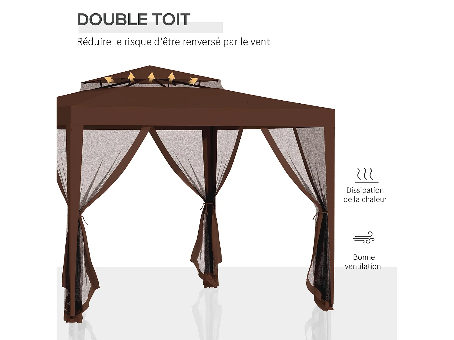 Tonnelle barnum de jardin 3L x 3l m avec 4 moustiquaires amovibles - double toit - métal polyester marron
