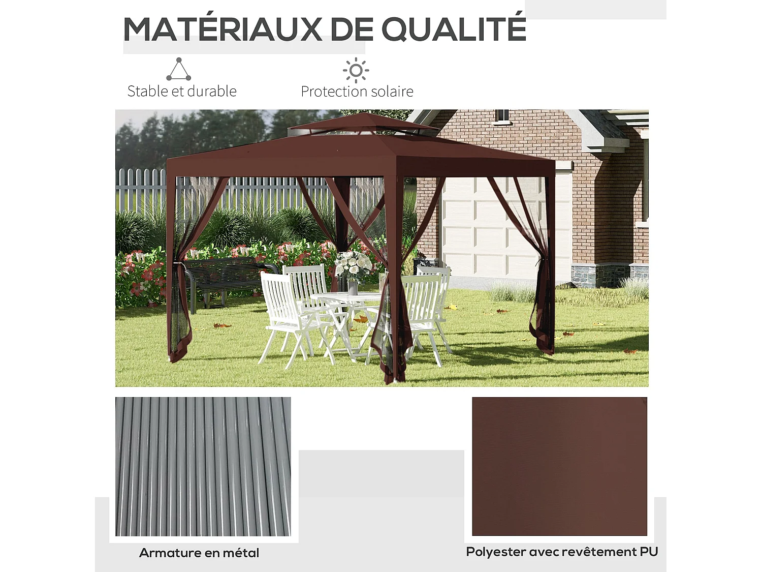 Tonnelle barnum de jardin 3L x 3l m avec 4 moustiquaires amovibles - double toit - métal polyester marron