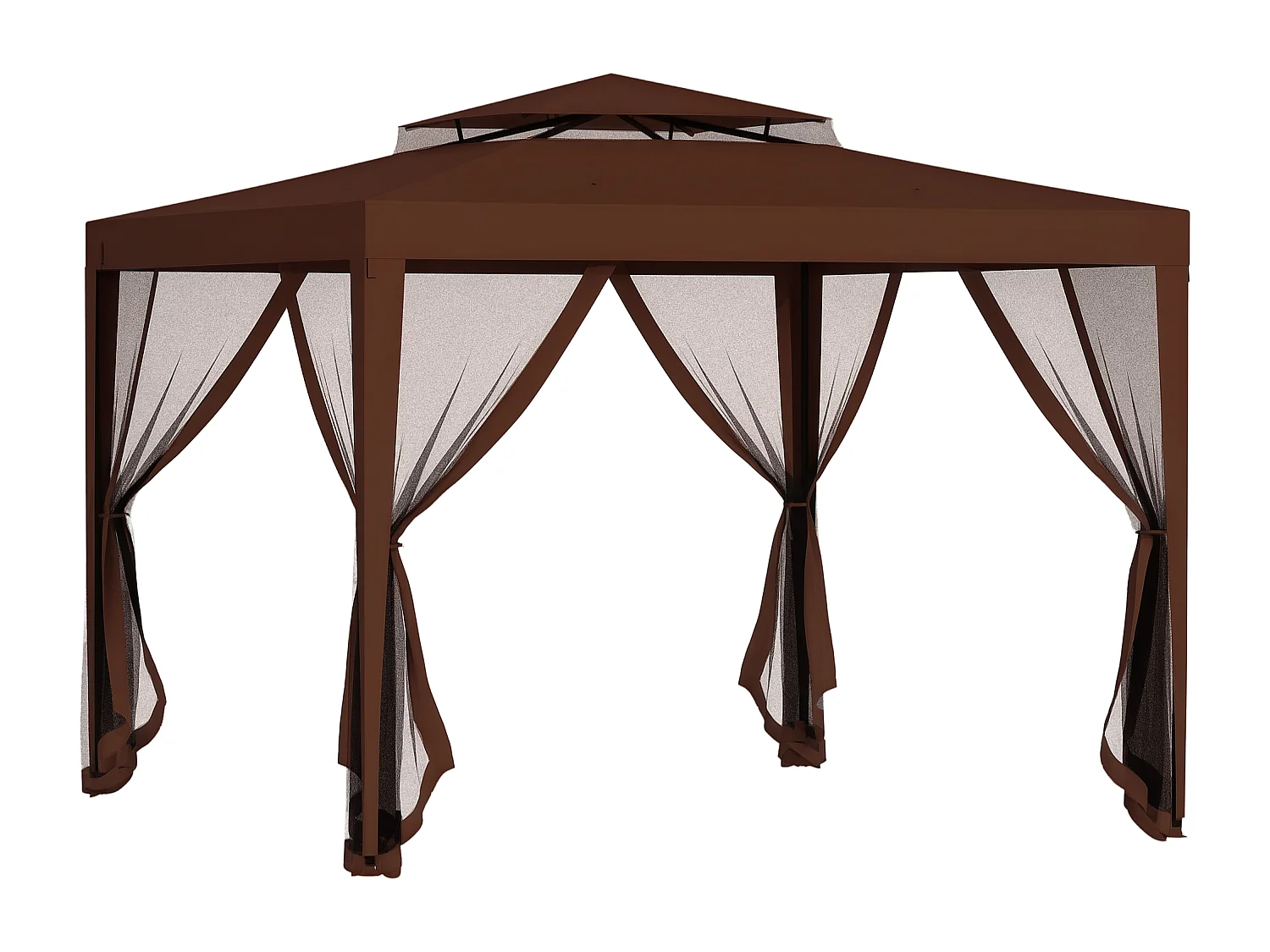 Tonnelle barnum de jardin 3L x 3l m avec 4 moustiquaires amovibles - double toit - métal polyester marron