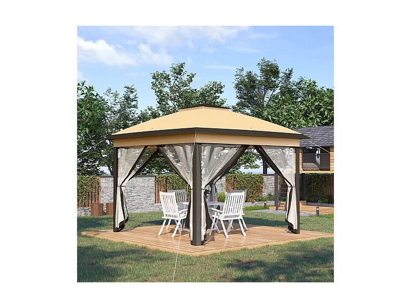 Tonnelle barnum automatique pop-up dim. 3,3L x 3,3l x 2,88H m moustiquaires sac transport métal oxford marron beige