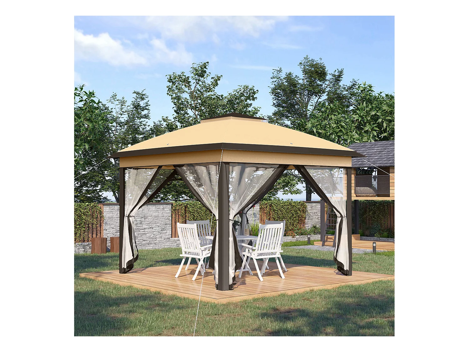 Tonnelle barnum automatique pop-up dim. 3,3L x 3,3l x 2,88H m moustiquaires sac transport métal oxford marron beige