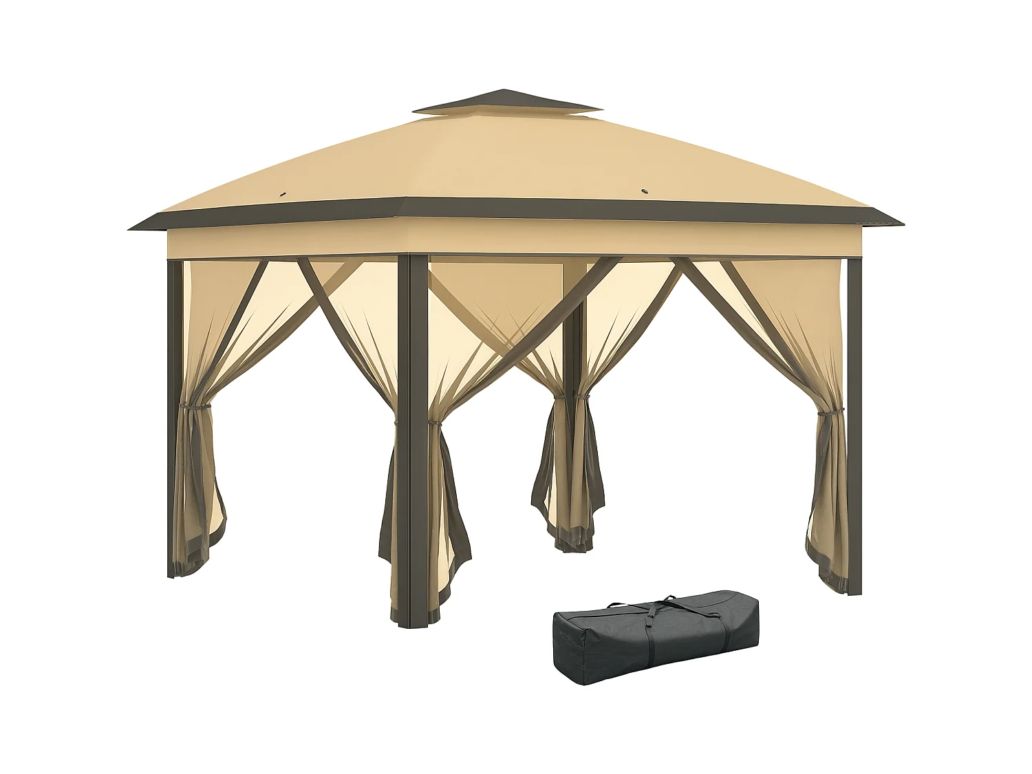 Tonnelle barnum automatique pop-up dim. 3,3L x 3,3l x 2,88H m moustiquaires sac transport métal oxford marron beige