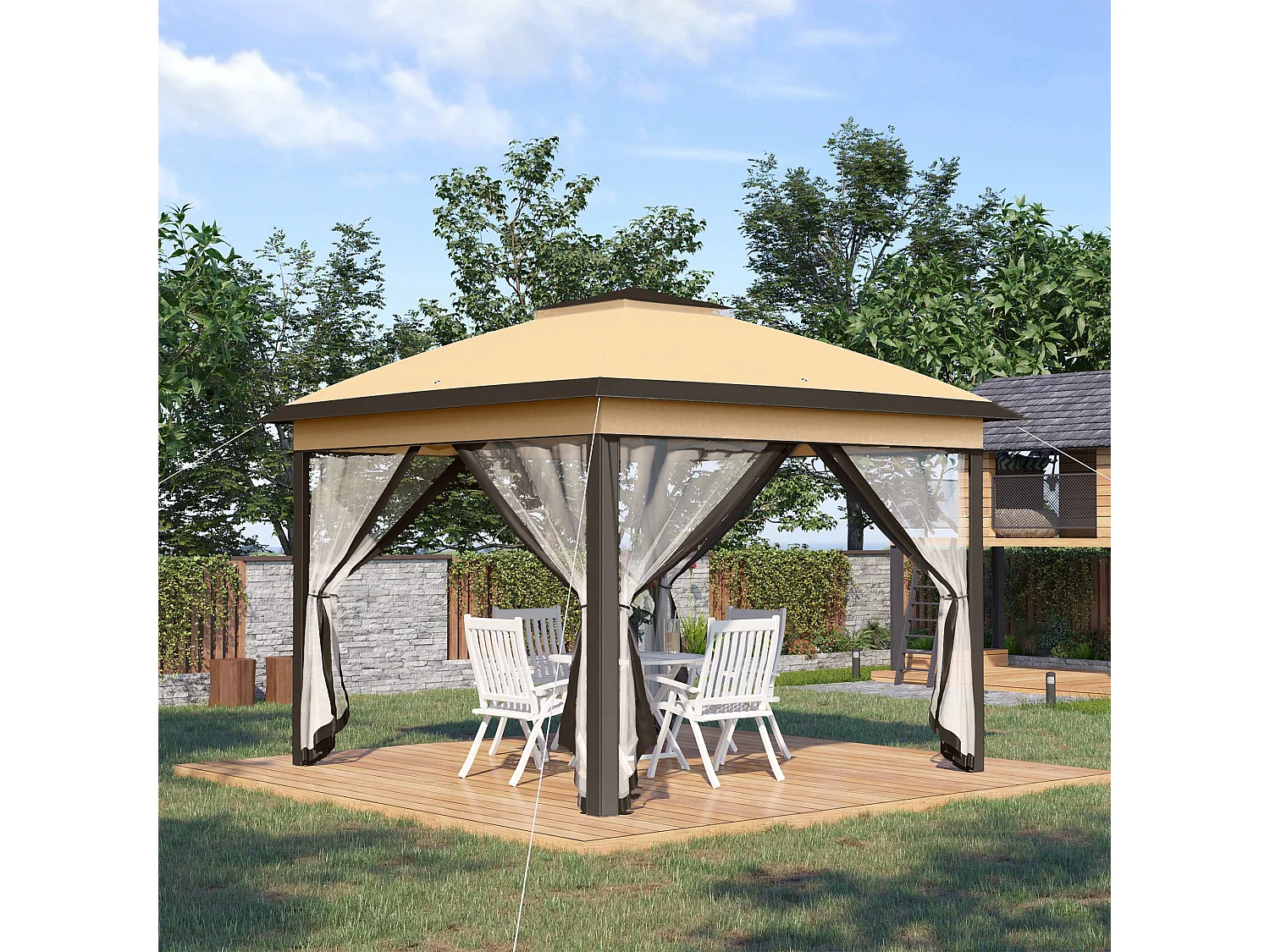 Tonnelle barnum automatique pop-up dim. 3,3L x 3,3l x 2,88H m moustiquaires sac transport métal oxford marron beige