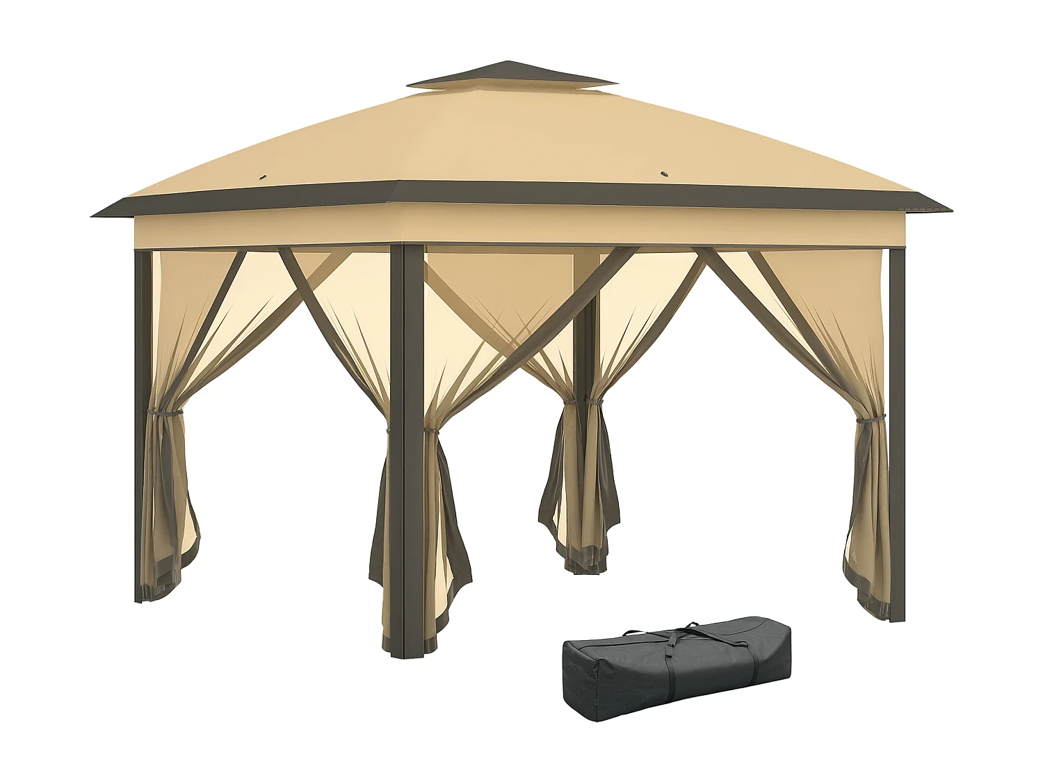 Tonnelle barnum automatique pop-up dim. 3,3L x 3,3l x 2,88H m moustiquaires sac transport métal oxford marron beige