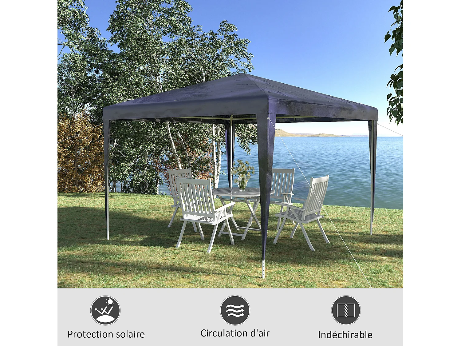 Tonnelle barnum de jardin dim. 2,93L x 2,93l x 2,52H m métal époxy bâche PE haute densité bleu