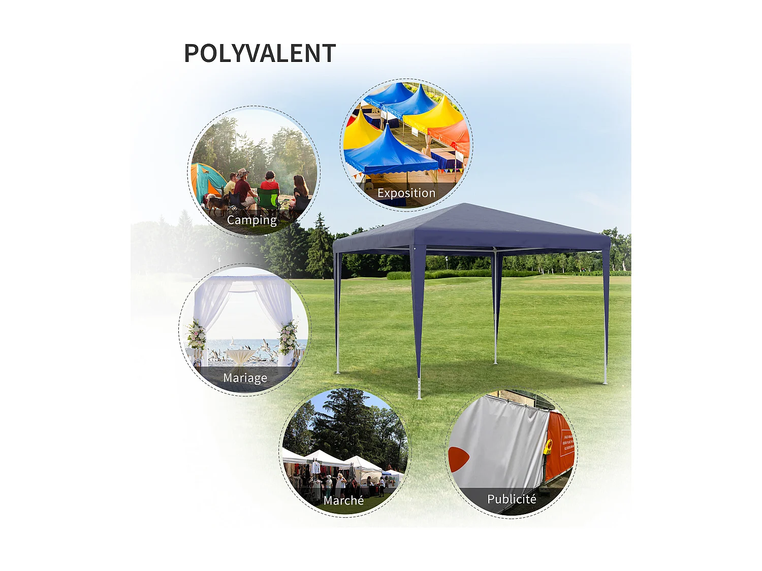 Tonnelle barnum de jardin dim. 2,93L x 2,93l x 2,52H m métal époxy bâche PE haute densité bleu