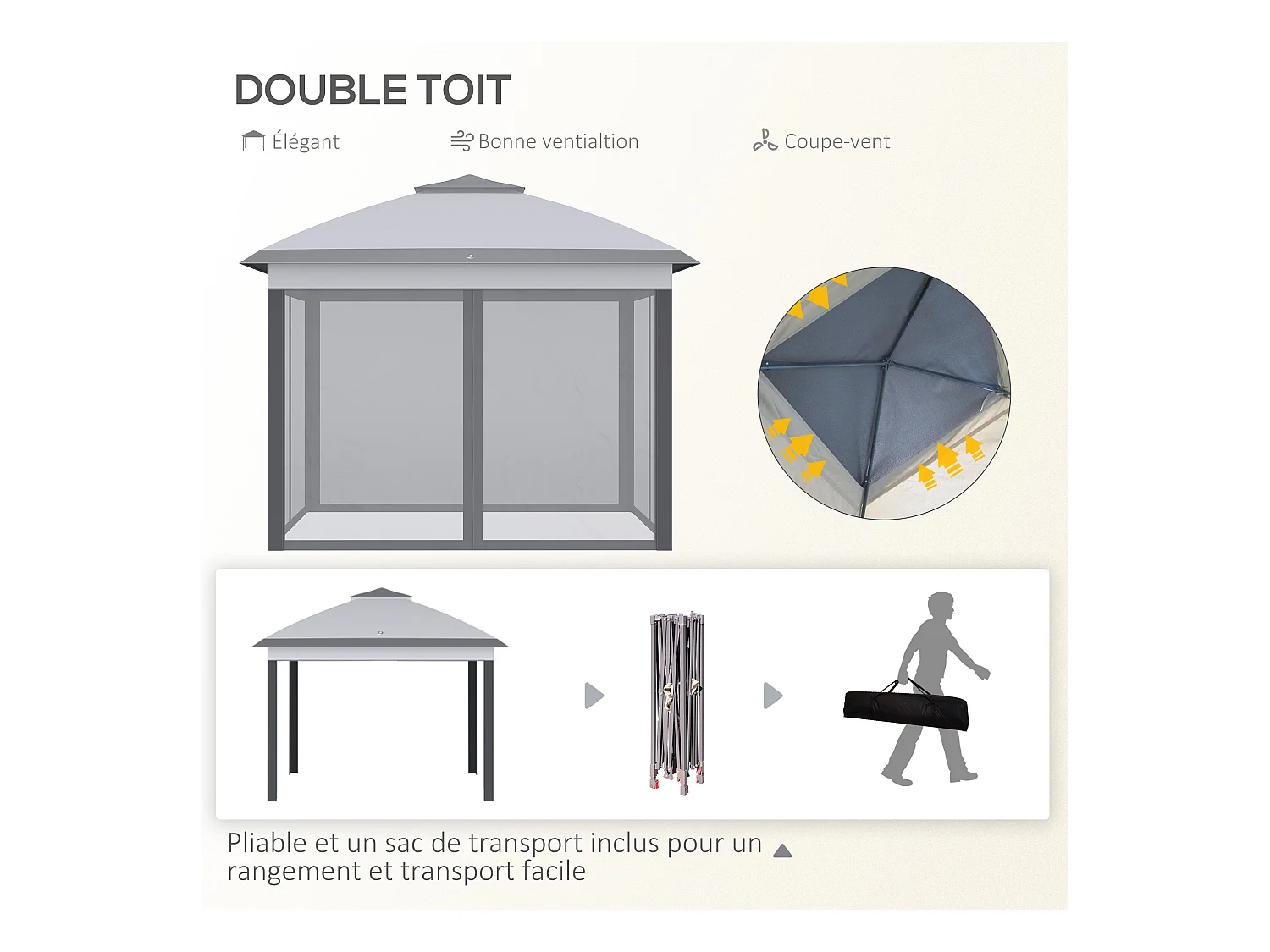 Tonnelle barnum automatique pop-up dim. 3,3L x 3,3l x 2,88H m moustiquaires sac transport métal oxford gris