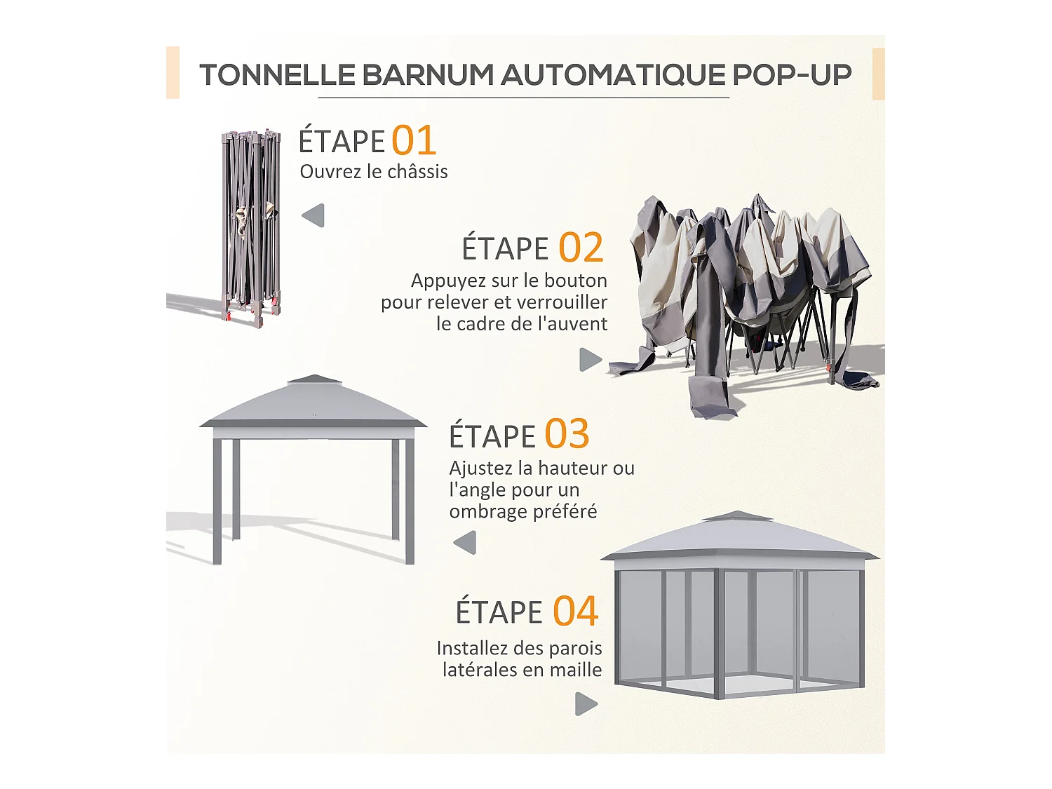 Tonnelle barnum automatique pop-up dim. 3,3L x 3,3l x 2,88H m moustiquaires sac transport métal oxford gris