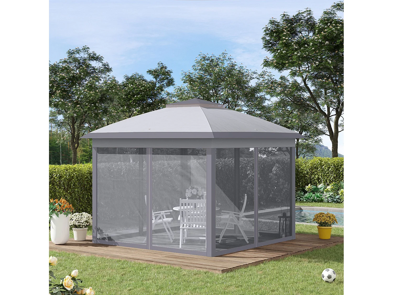 Tonnelle barnum automatique pop-up dim. 3,3L x 3,3l x 2,88H m moustiquaires sac transport métal oxford gris