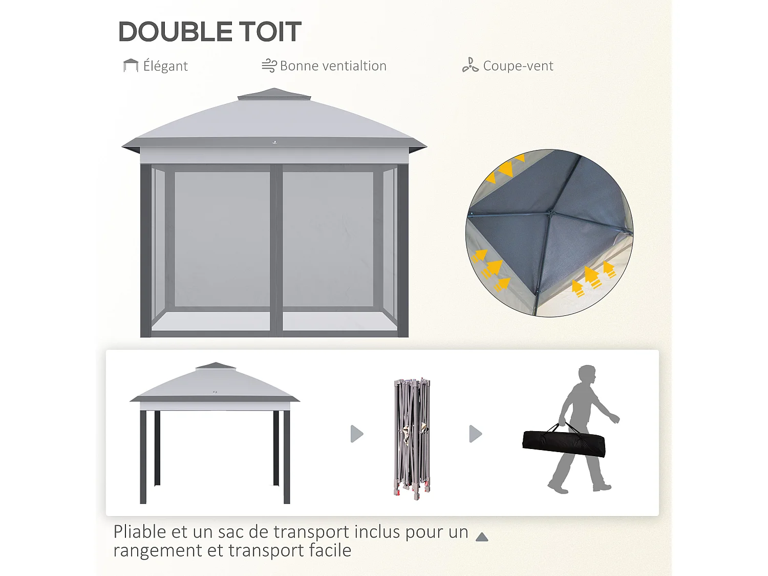 Tonnelle barnum automatique pop-up dim. 3,3L x 3,3l x 2,88H m moustiquaires sac transport métal oxford gris