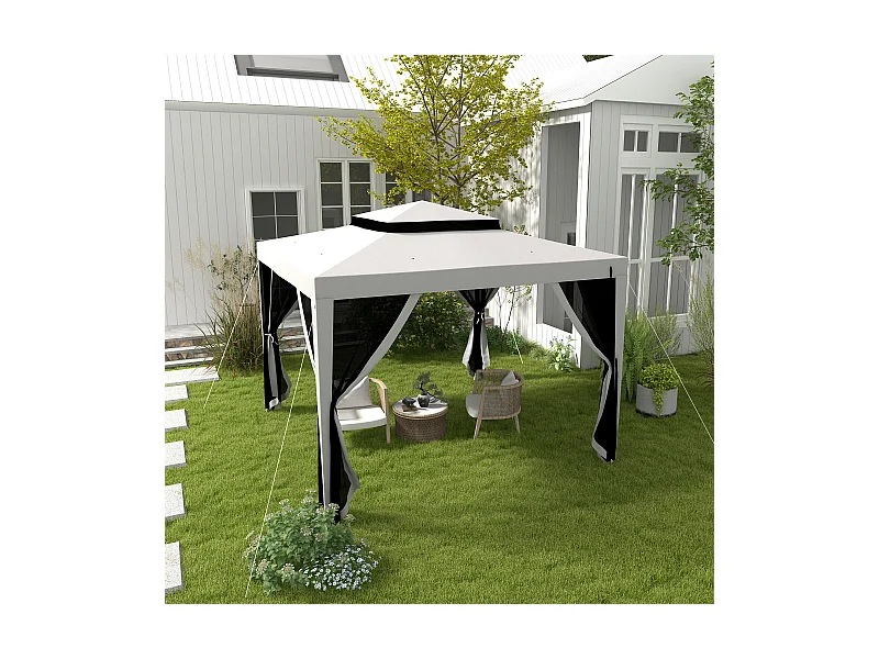 Tonnelle barnum de jardin 3L x 3l m avec 4 moustiquaires amovibles - double toit - métal polyester gris