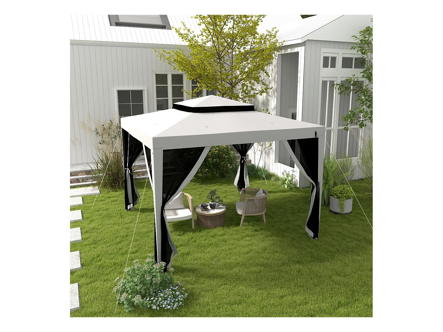 Tonnelle barnum de jardin 3L x 3l m avec 4 moustiquaires amovibles - double toit - métal polyester gris