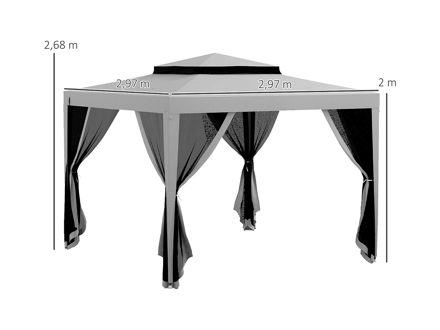 Tonnelle barnum de jardin 3L x 3l m avec 4 moustiquaires amovibles - double toit - métal polyester gris