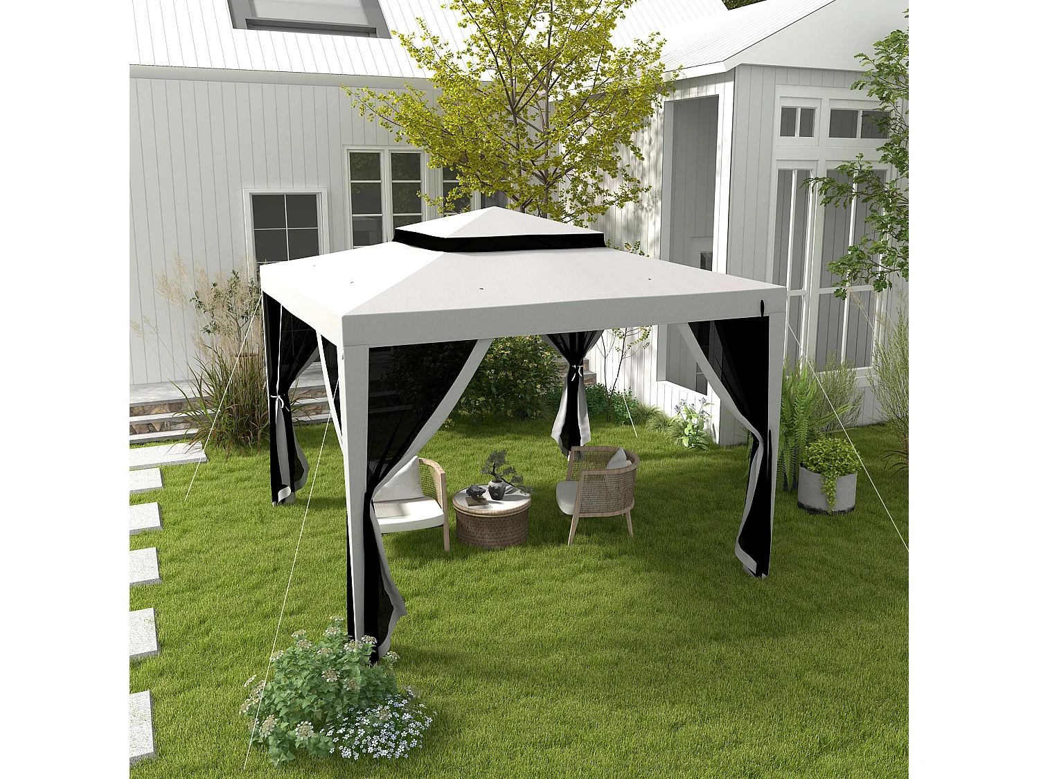 Tonnelle barnum de jardin 3L x 3l m avec 4 moustiquaires amovibles - double toit - métal polyester gris