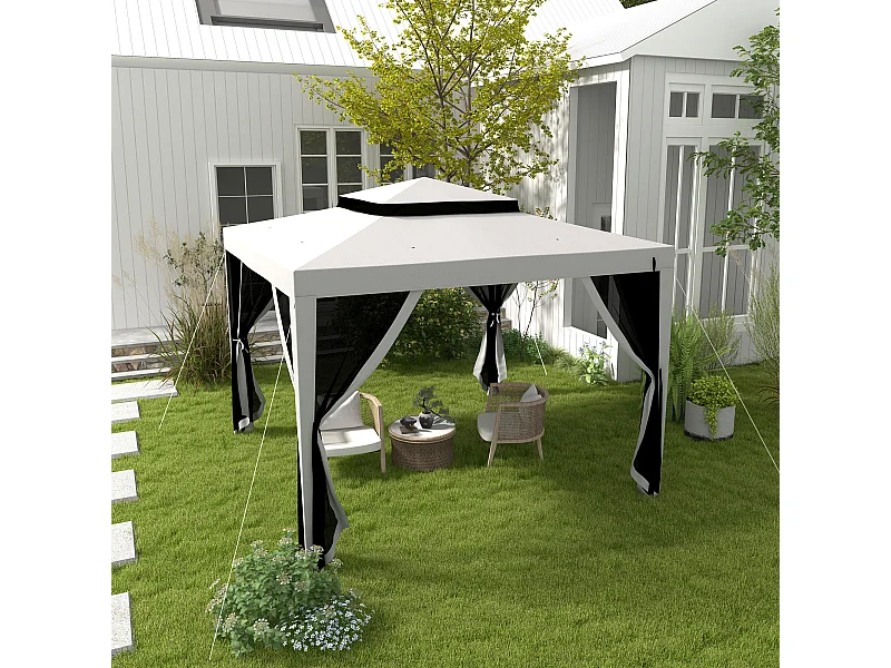 Tonnelle barnum de jardin 3L x 3l m avec 4 moustiquaires amovibles - double toit - métal polyester gris