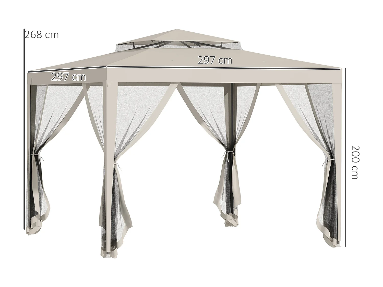 Tonnelle barnum de jardin 3L x 3l m avec 4 moustiquaires amovibles - double toit - métal polyester beige