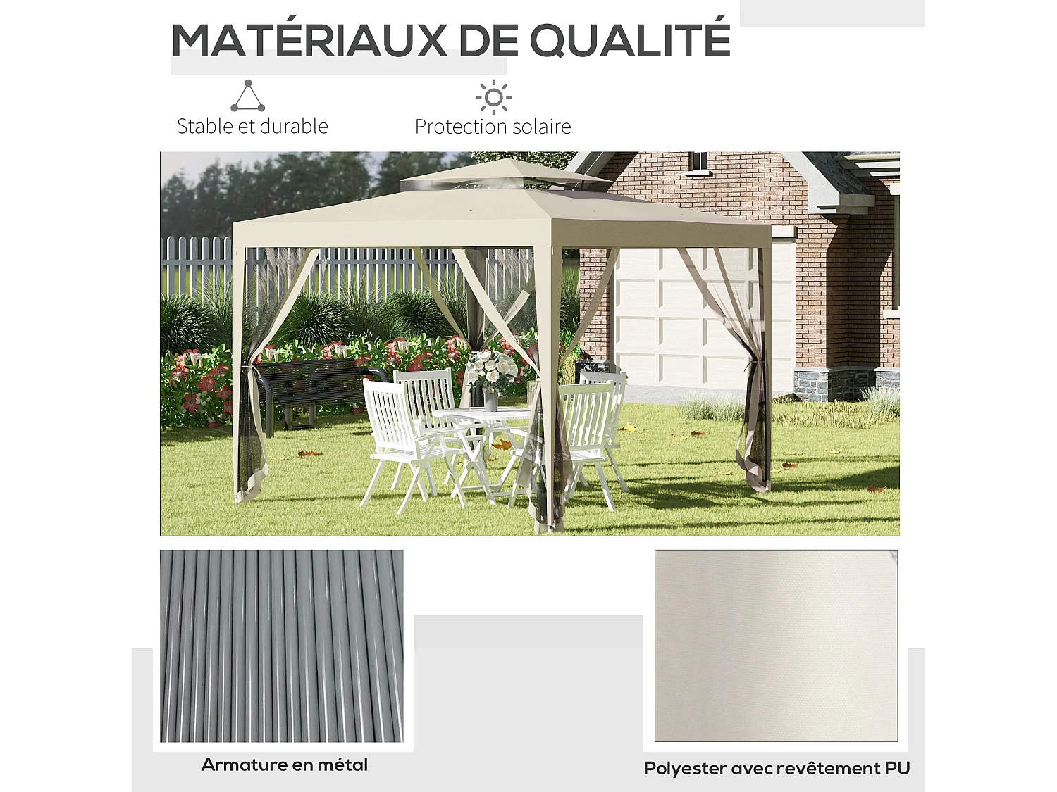 Tonnelle barnum de jardin 3L x 3l m avec 4 moustiquaires amovibles - double toit - métal polyester beige