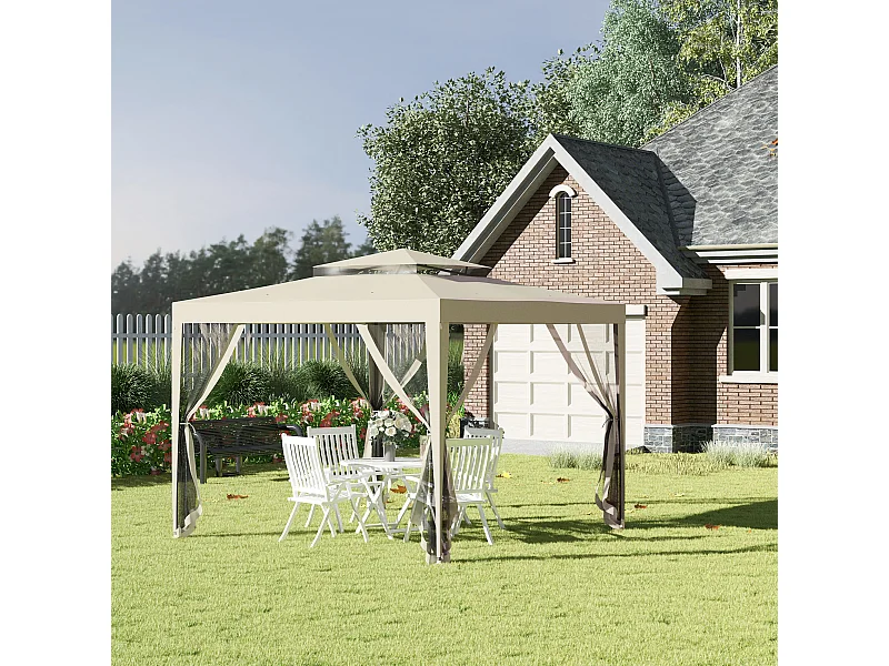 Tonnelle barnum de jardin 3L x 3l m avec 4 moustiquaires amovibles - double toit - métal polyester beige