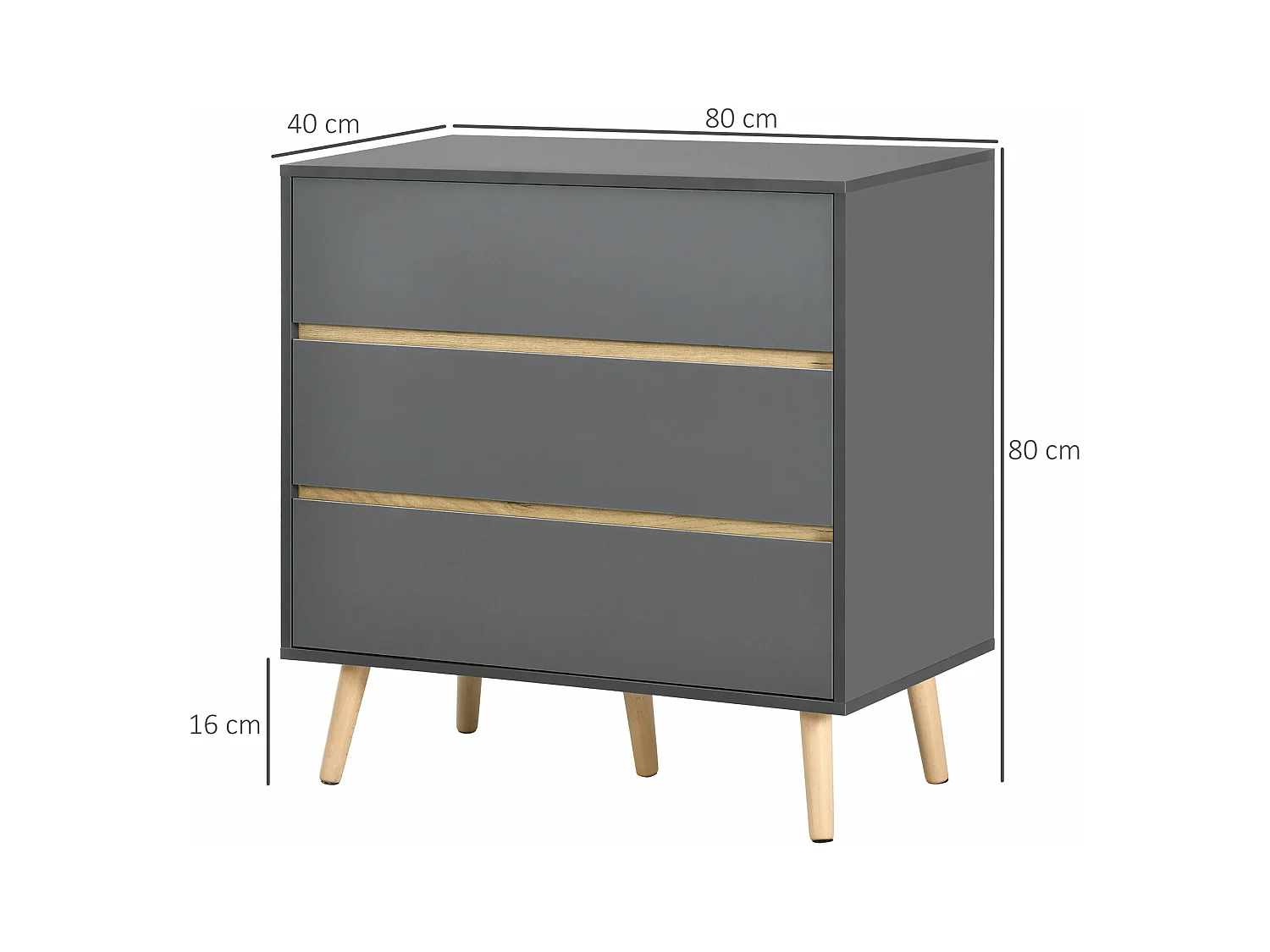 Commode 3 tiroirs design scandinave panneaux particules gris aspect bois clair