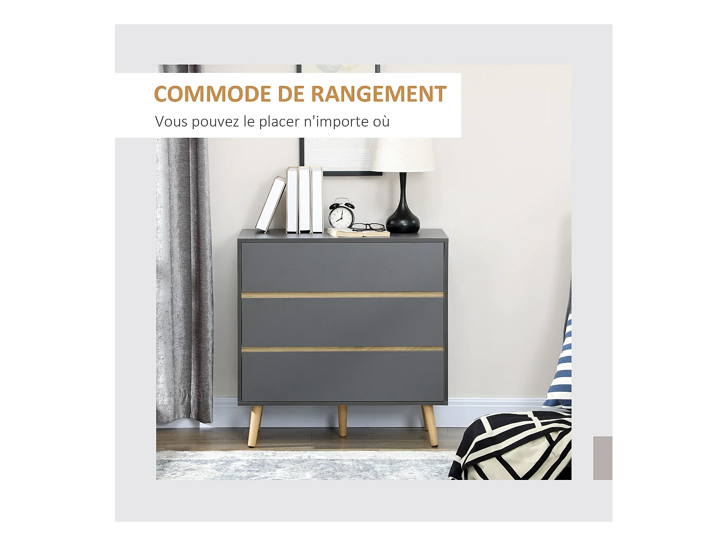 Commode 3 tiroirs design scandinave panneaux particules gris aspect bois clair