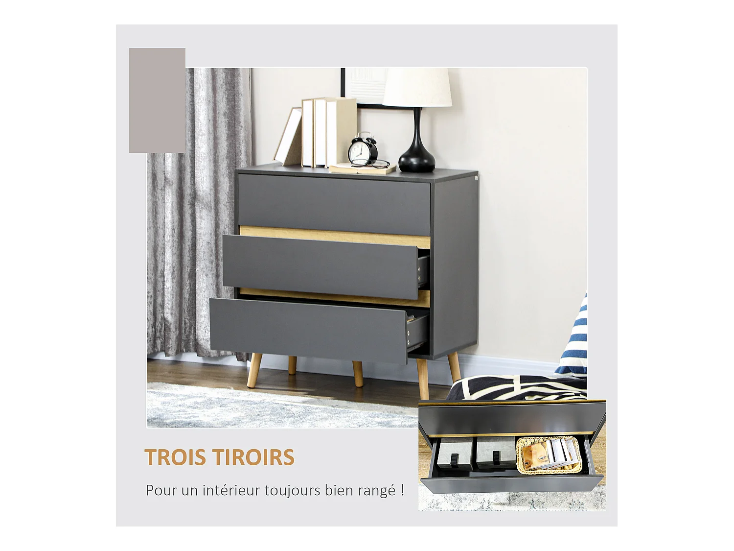 Commode 3 tiroirs design scandinave panneaux particules gris aspect bois clair