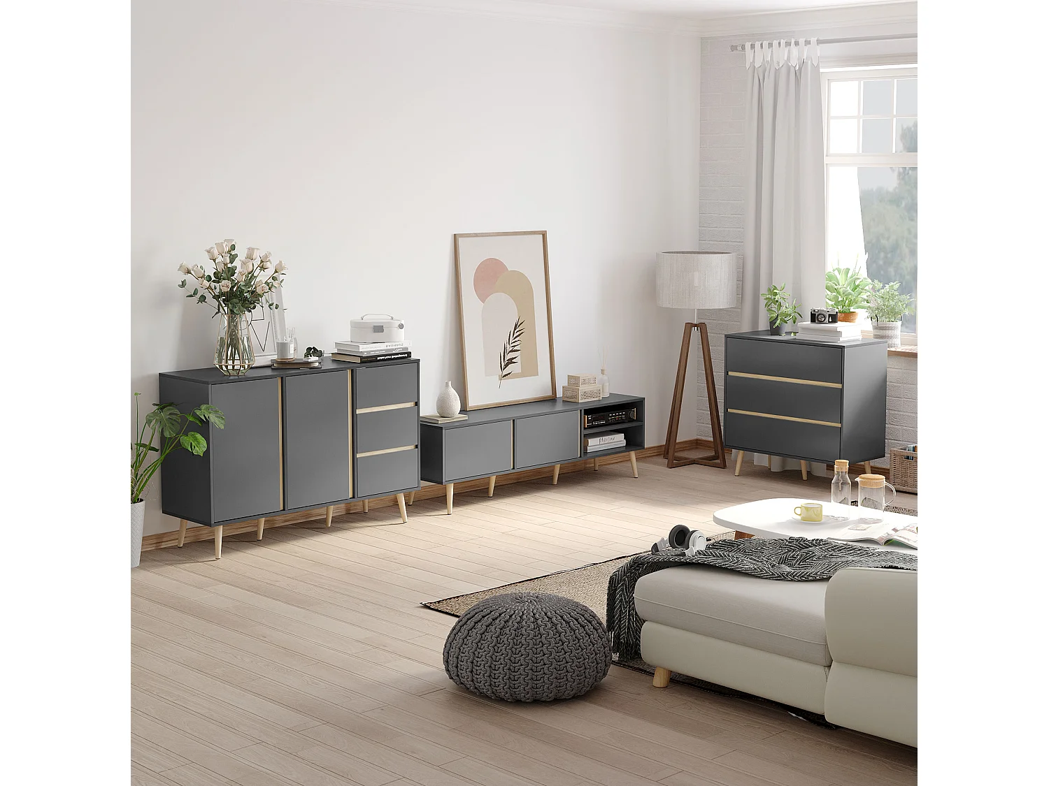 Commode 3 tiroirs design scandinave panneaux particules gris aspect bois clair