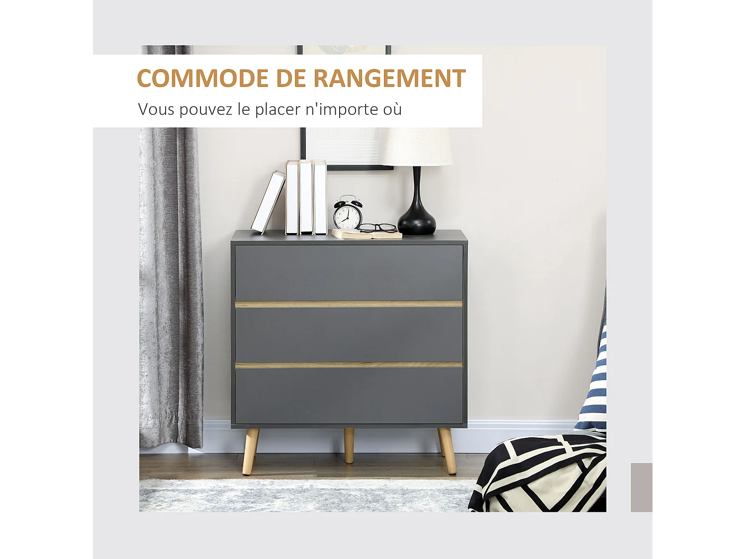 Commode 3 tiroirs design scandinave panneaux particules gris aspect bois clair