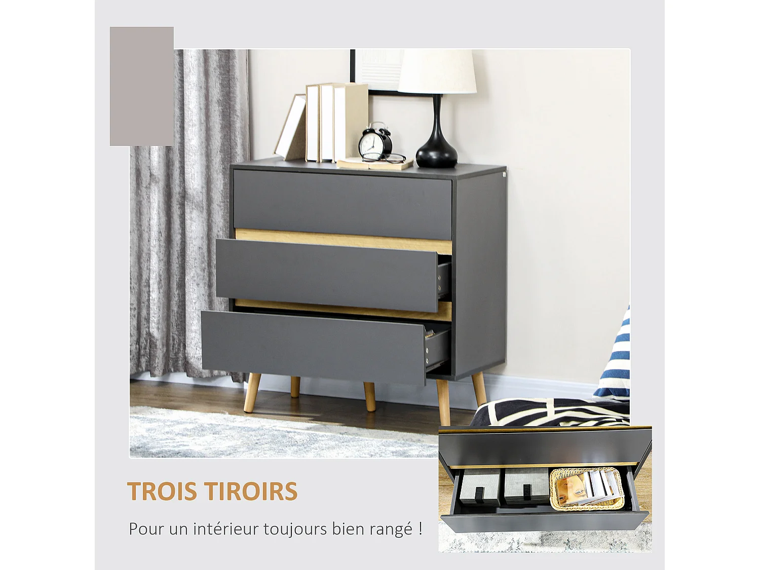 Commode 3 tiroirs design scandinave panneaux particules gris aspect bois clair