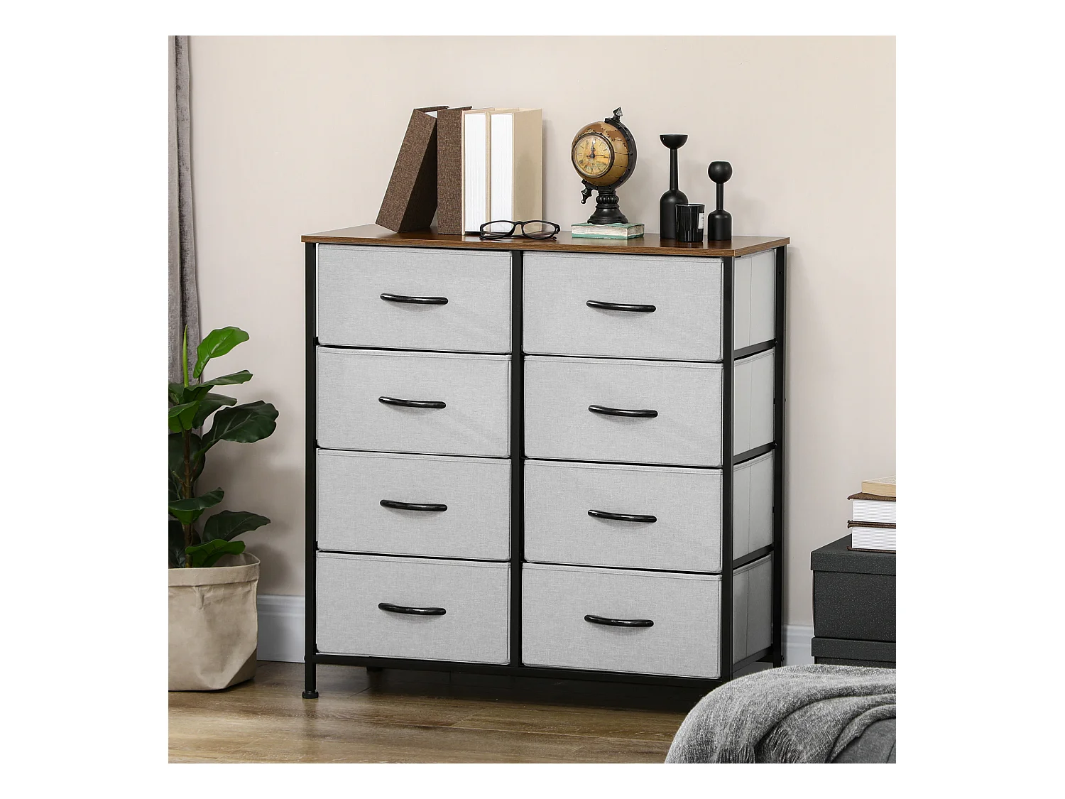 Commode meuble de rangement 8 tiroirs pliables châssis acier noir plateau aspect bois non tissé gris