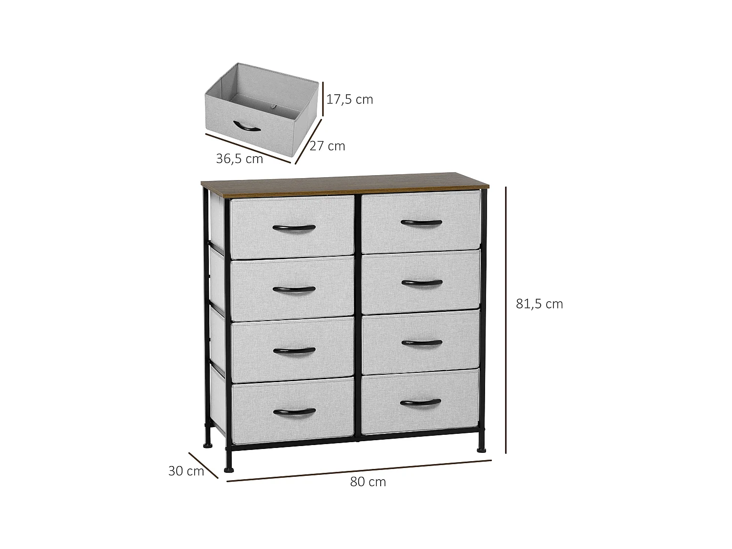 Commode meuble de rangement 8 tiroirs pliables châssis acier noir plateau aspect bois non tissé gris