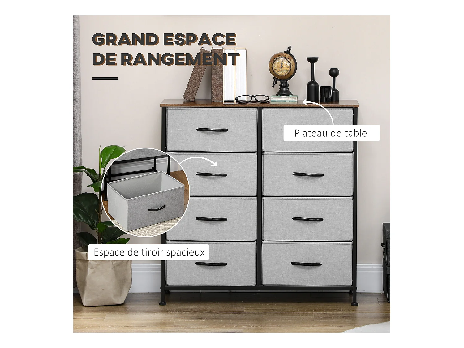 Commode meuble de rangement 8 tiroirs pliables châssis acier noir plateau aspect bois non tissé gris